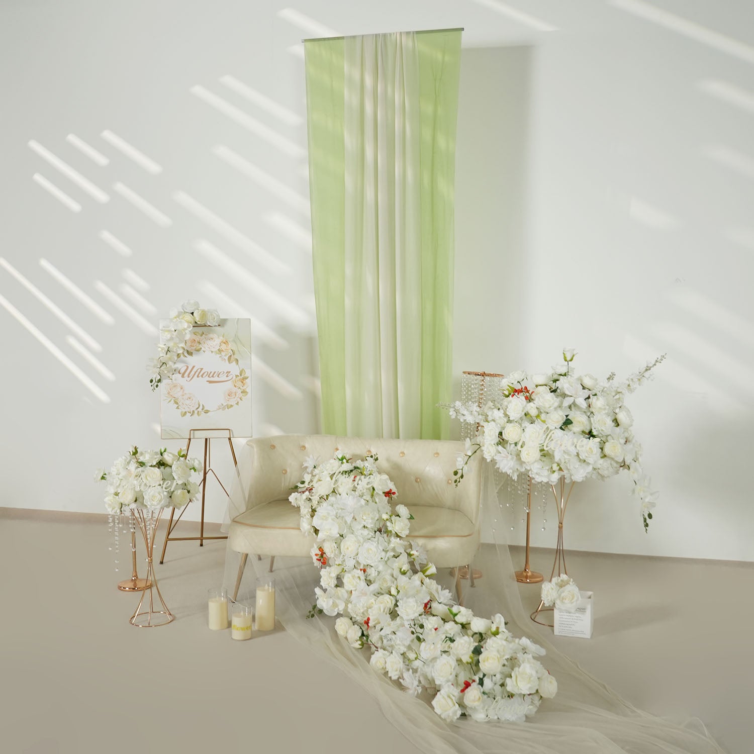 Uflower White Rose Table Runner Sofa Floral Wedding Backdrop Decor